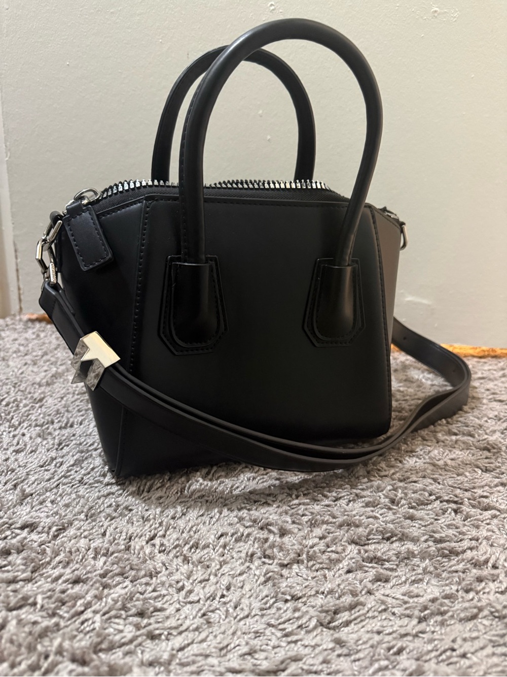 Black Leather Mini Satchel with Removable Strap - Picture 4 of 8